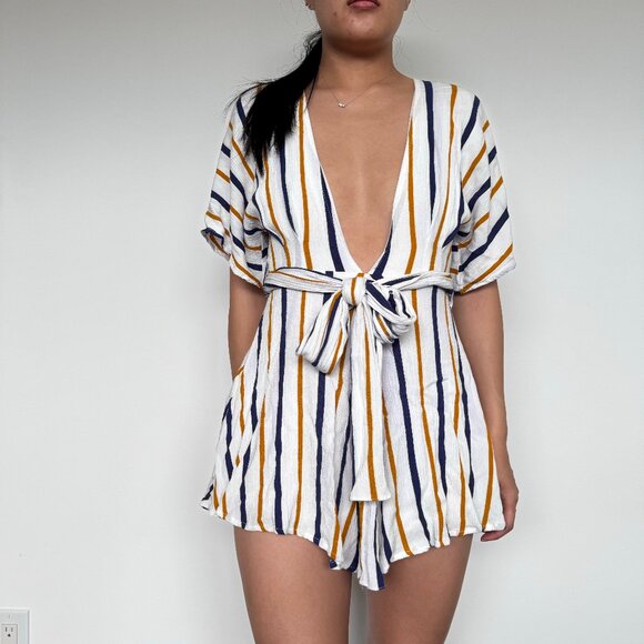 Summer Jumpsuit One piece Shorts with Vertical Colored Design Open front - Picture 1 of 10